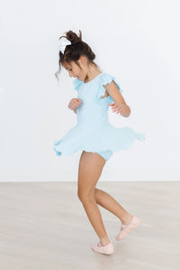 Girls light blue Twirl dance leotard short sleeve with ruffle details by Mila & Rose