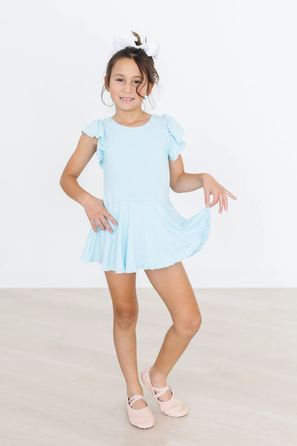 Girls light blue short sleeve twirl dance leotard with ruffle details by Mila & Rose