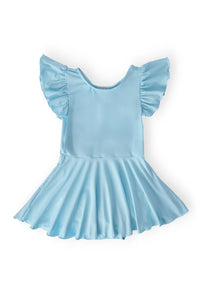 Girls light blue Twirl Leotard Short Sleeve dance leotard with ruffled short sleeves and skirt