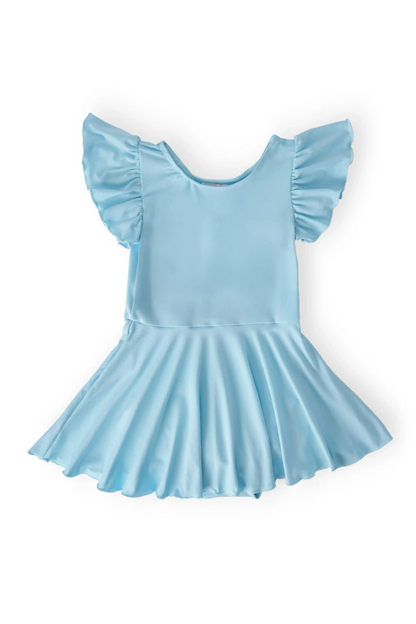 Girls light blue Twirl Leotard Short Sleeve dance leotard with ruffled short sleeves and skirt