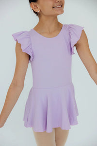 Girls lavender short sleeve twirl dance leotard with ruffled sleeves by Mila & Rose