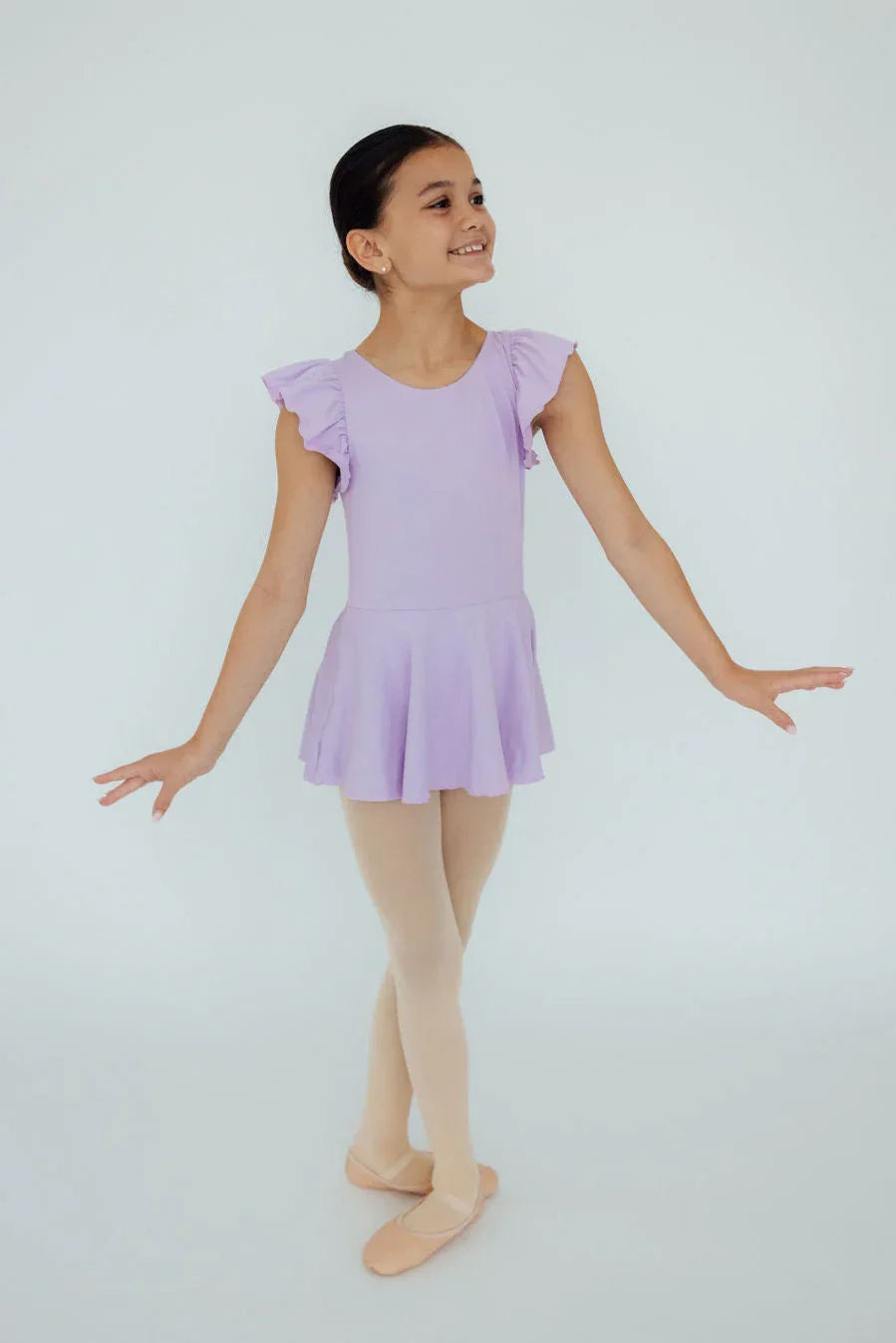 Girls lavender Twirl Leotard Short Sleeve dance leotard with ruffle sleeves and skirt