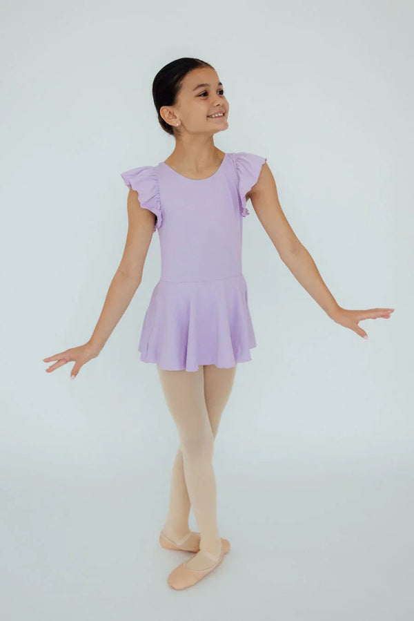 Girls lavender Twirl Leotard Short Sleeve dance leotard with ruffle sleeves and skirt