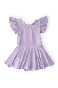 Girls lavender dance leotard with short flutter sleeves and twirl skirt by Mila and Rose