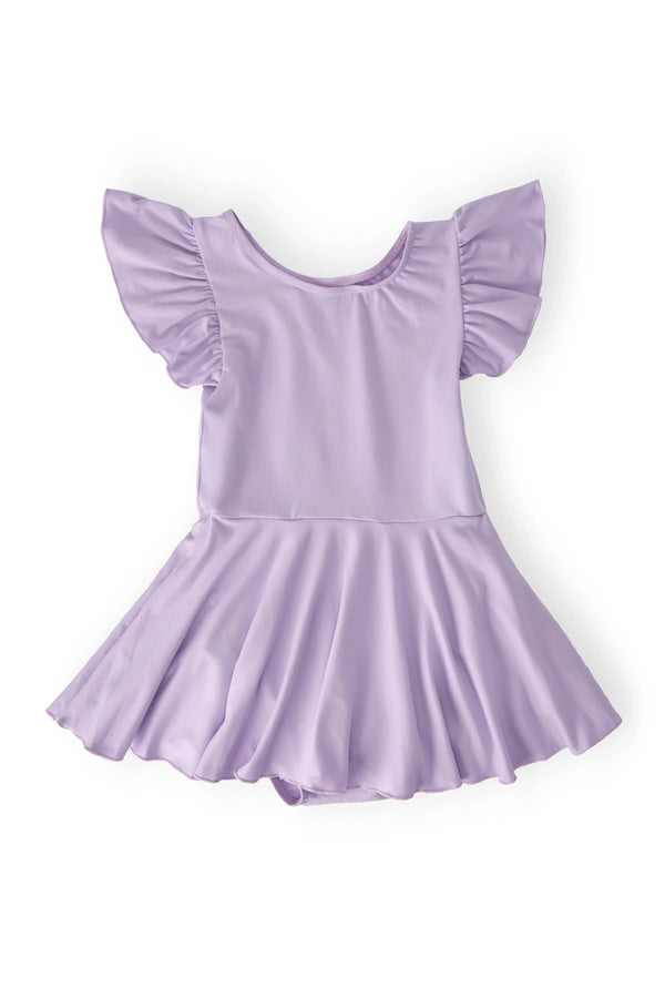 Girls lavender dance leotard with short flutter sleeves and twirl skirt by Mila and Rose