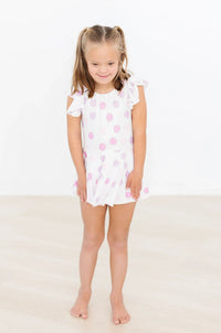 Girls white and pink polka dot Twirl Leotard Short Sleeve dance leotard with ruffle sleeves for toddlers