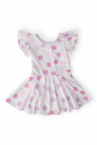 Girls white and pink polka dot dance leotard with short puff sleeves and twirl skirt