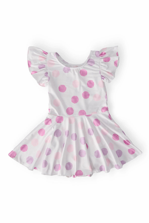 Girls white and pink polka dot dance leotard with short puff sleeves and twirl skirt