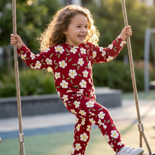 Happy girl playing on a rope swing wearing a red floral crew neck jogger set with matching top and bottoms for cozy, stylish comfort.