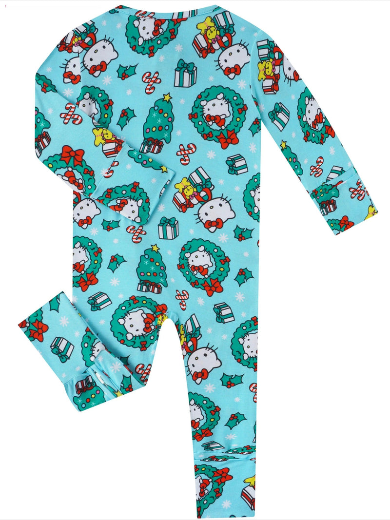 Back view of light blue baby zippy romper displaying all-over holiday pattern without tags