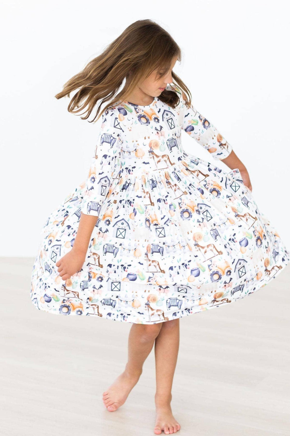 Stay Spooky 3/4 Sleeve Pocket Twirl Dress for Girls - The Palm Beach Baby