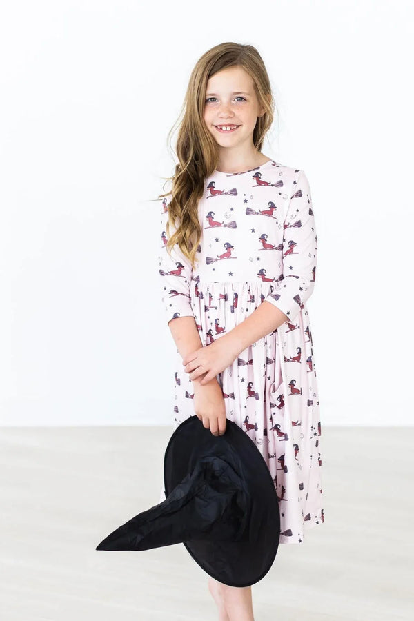 Happy Howl-oween 3/4 Sleeve Twirl Dress with Pockets for Kids - Fun & Comfortable Halloween Outfit - The Palm Beach Baby
