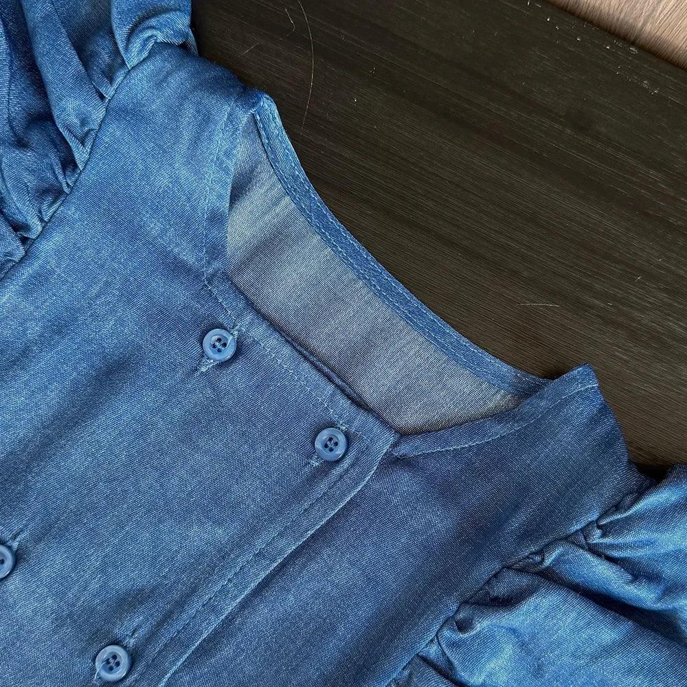 toddler blue denim pant set with puff sleeves and button details for babies and kids