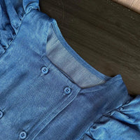 toddler blue denim pant set with puff sleeves and button details for babies and kids