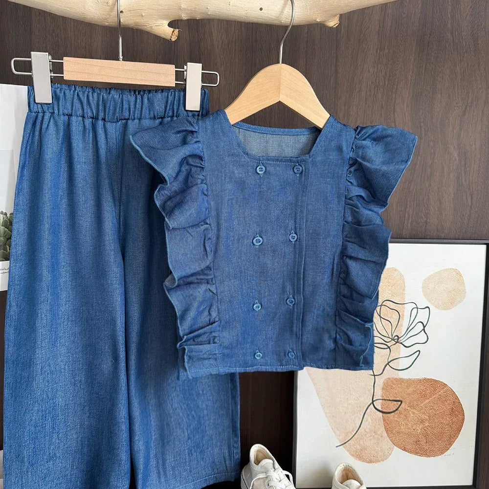 toddler denim pant set with ruffle sleeveless top and elastic waistband pants in blue