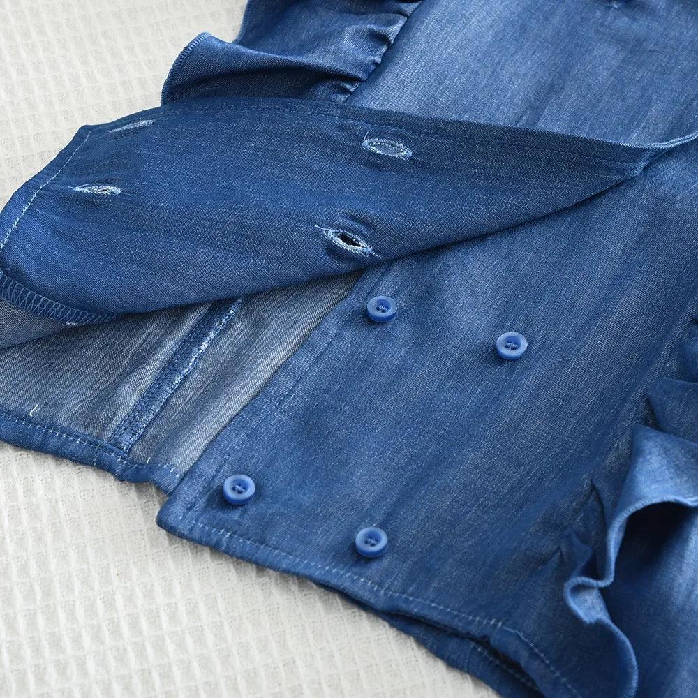 Baby girls blue denim pant set with ruffle sleeves and button details size 12-24 months