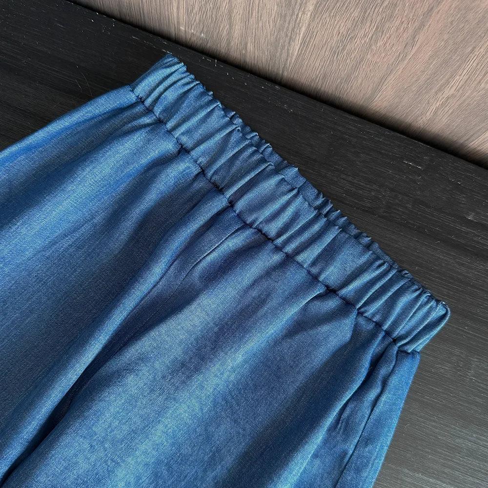 kids blue denim pant set with elastic waistband comfortable fit
