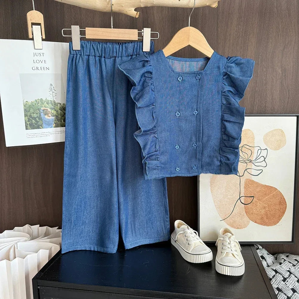 Toddlers blue denim pant set with ruffle short sleeve top and elastic waist pants