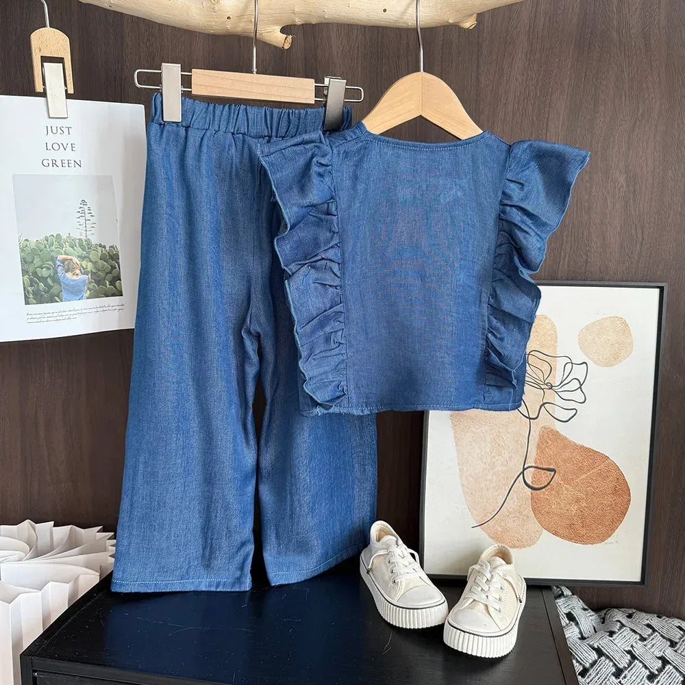 Toddler girls denim blue pant set with ruffle sleeve top and elastic waist pants