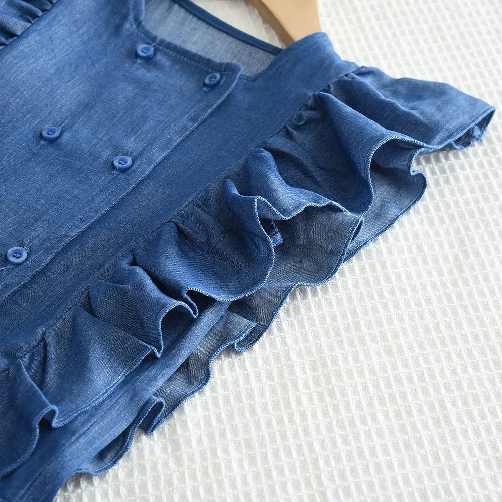 Blue denim pant set for babies with ruffle sleeve detail and button front