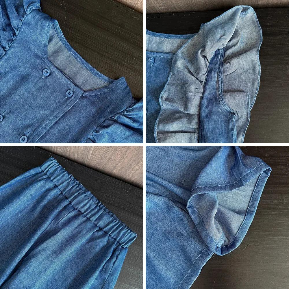 baby blue denim pant set with elastic waistband and ruffle sleeve detailing for infants