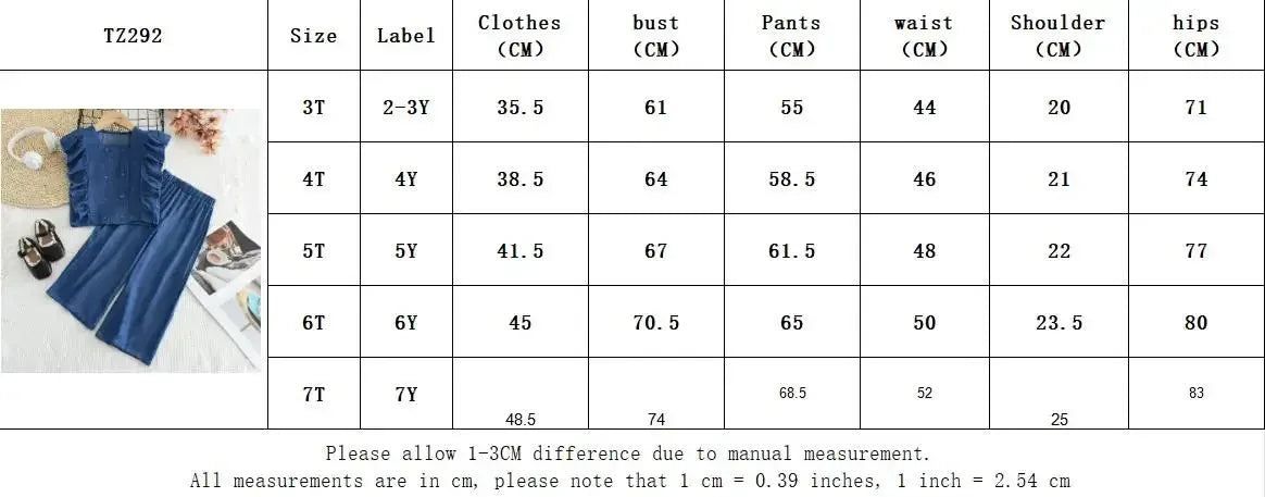 Toddler girls blue denim pant set with short sleeve top and wide leg pants in sizes 2 to 7 years