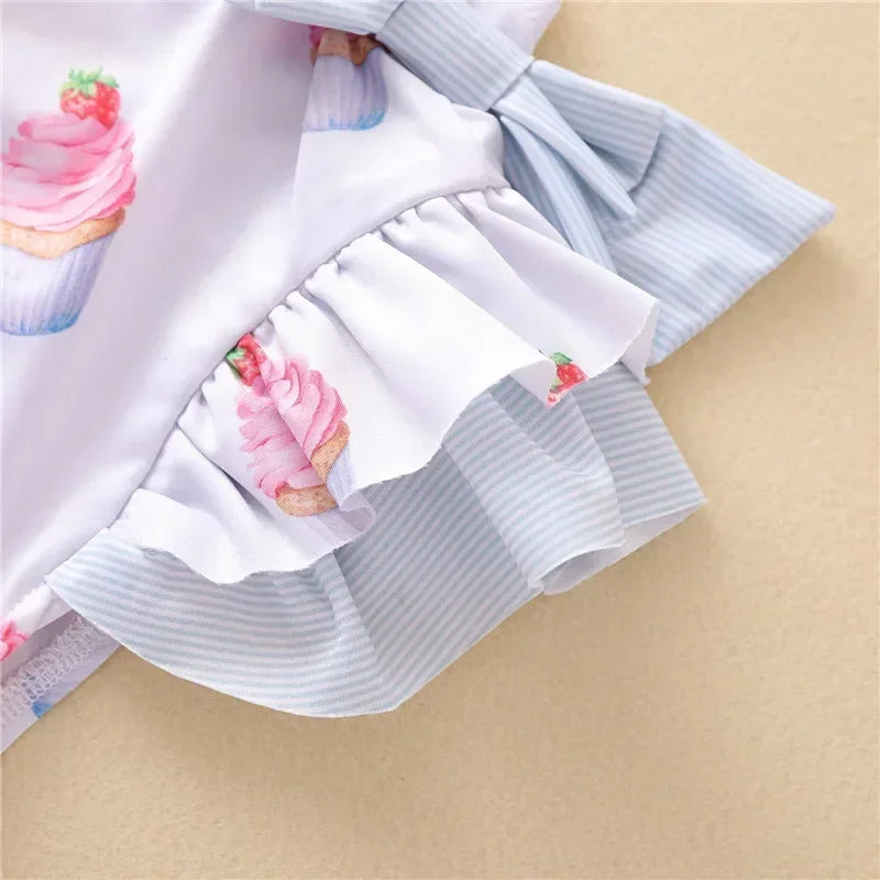baby dessert themed baby swimsuit with pink cupcake print and blue striped ruffle detail for infants
