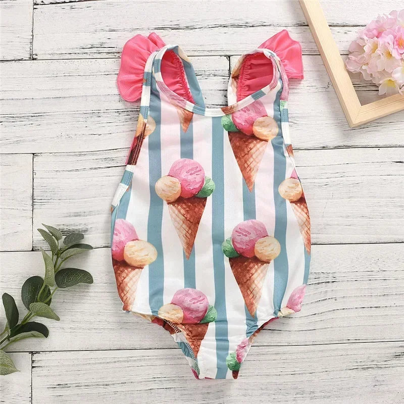 toddler girls dessert themed baby swimsuit with pink ice cream cone print and ruffle shoulder straps