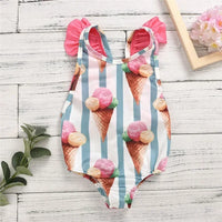 toddler girls dessert themed baby swimsuit with pink ice cream cone print and ruffle shoulder straps