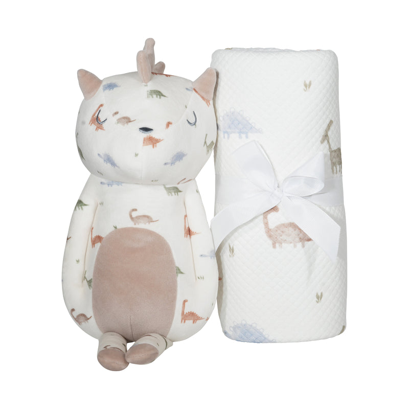 Darby Dino Mini Printed Plush alongside a matching blanket, perfect for cozy playtime and baby gifts.