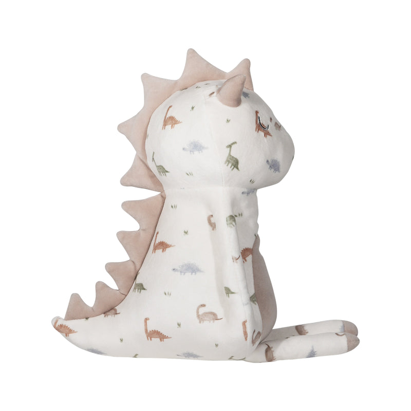 Side view of Darby Dino Mini Printed Plush, highlighting its unique spikes and charming dinosaur pattern.
