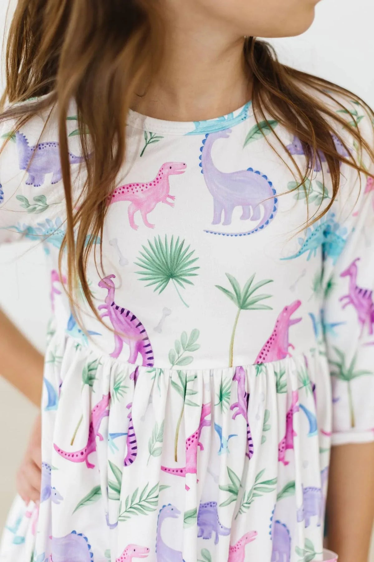 Girls white dinosaur dress for girls in 3 4 sleeve with colorful dinosaur print twirl pocket dress