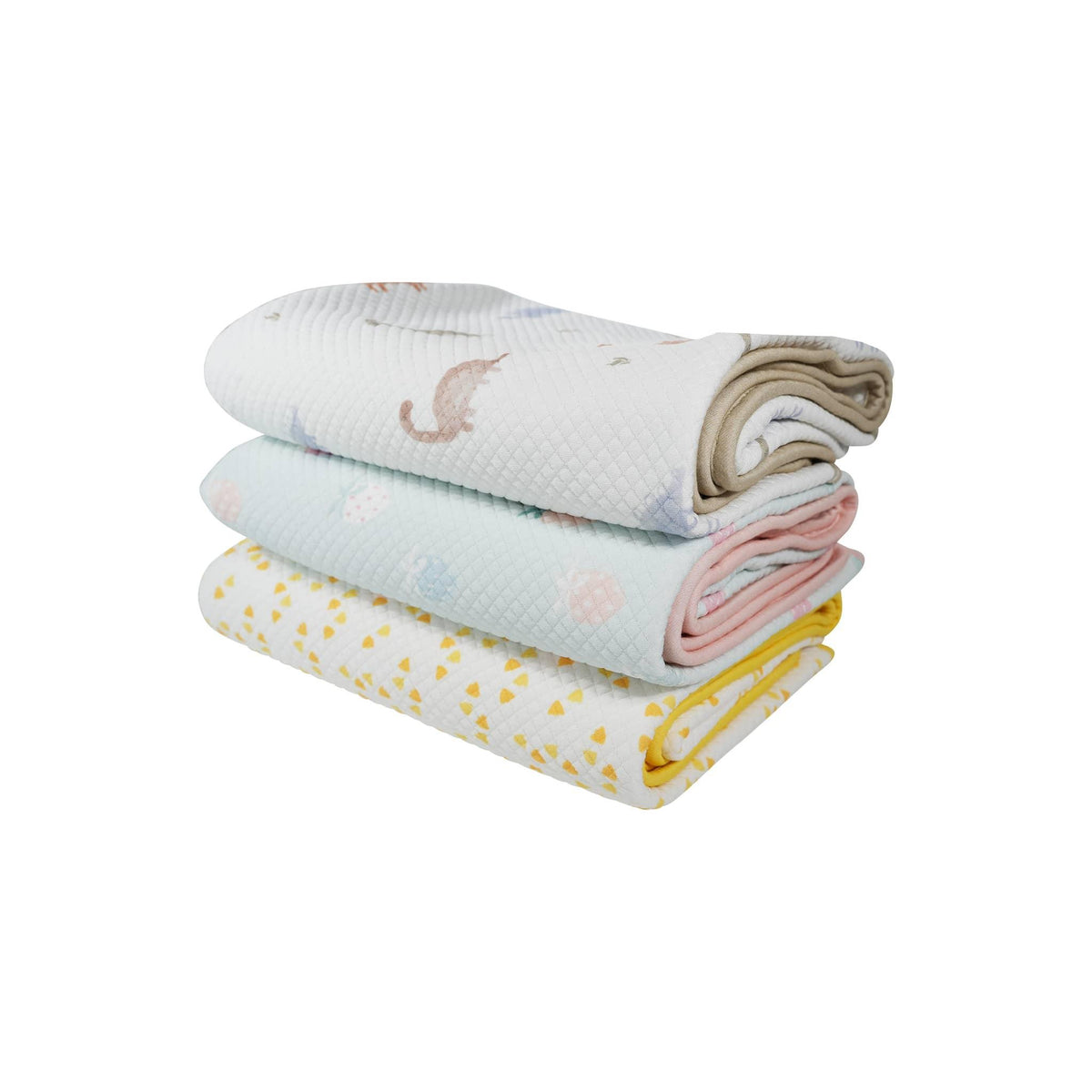 Stack of three newborn knit baby blankets in soft pastel colors including dinosaur knit baby blanket with dinosaur print