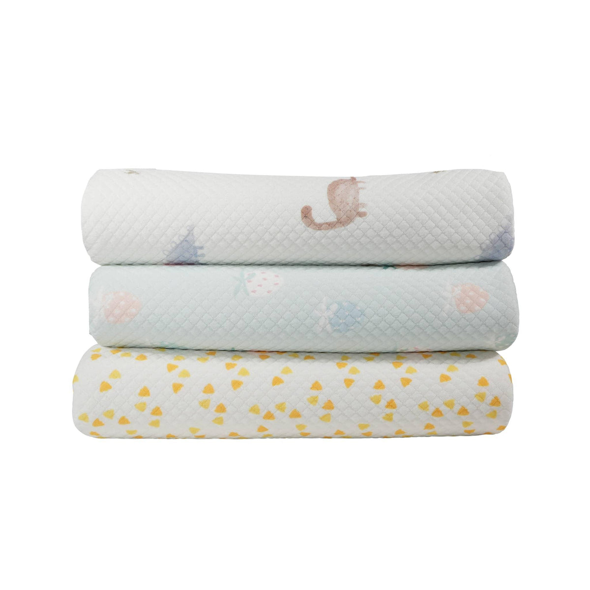 Set of three pastel-colored dinosaur knit baby blankets for newborns with quilted texture and cute dinosaur patterns