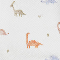 White dinosaur knit baby blanket for newborns with colorful dinosaur patterns in soft texture