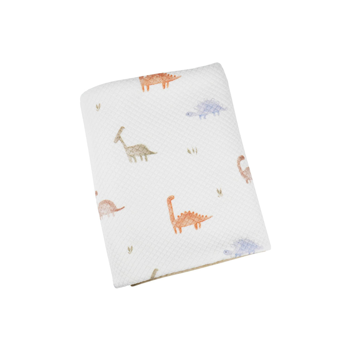 Goosewaddle dinosaur knit baby blanket in white with colorful dinosaur patterns for newborns
