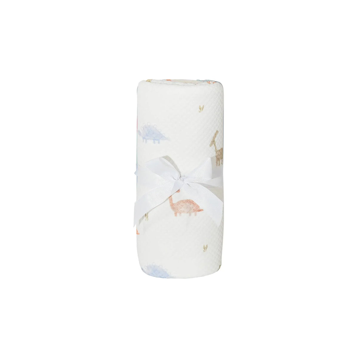 white dinosaur knit baby blanket with pastel dinosaur prints tied with white ribbon newborn size