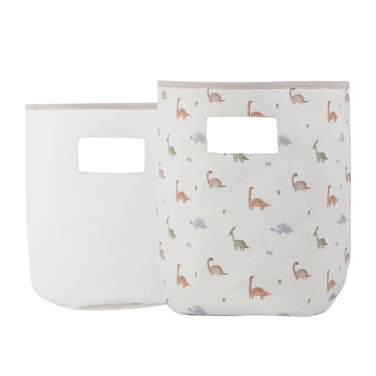 Set of two white and cream storage bins with pastel dinosaur prints for nursery organization dinosaur nursery storage bins