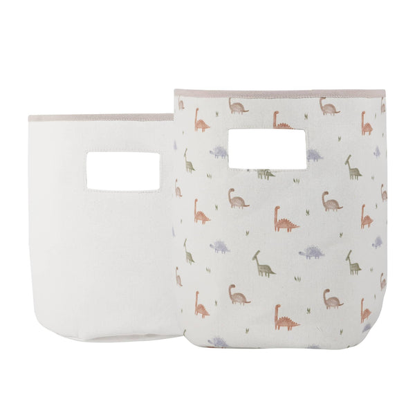 Set of two white and cream storage bins with pastel dinosaur prints for nursery organization dinosaur nursery storage bins