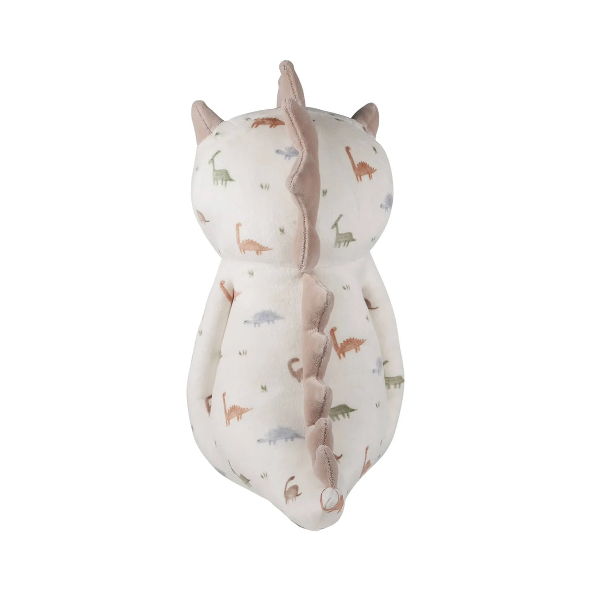 Goosewaddle dinosaur plush toy for babies in soft cream fabric with pastel dinosaur prints and beige spine spikes