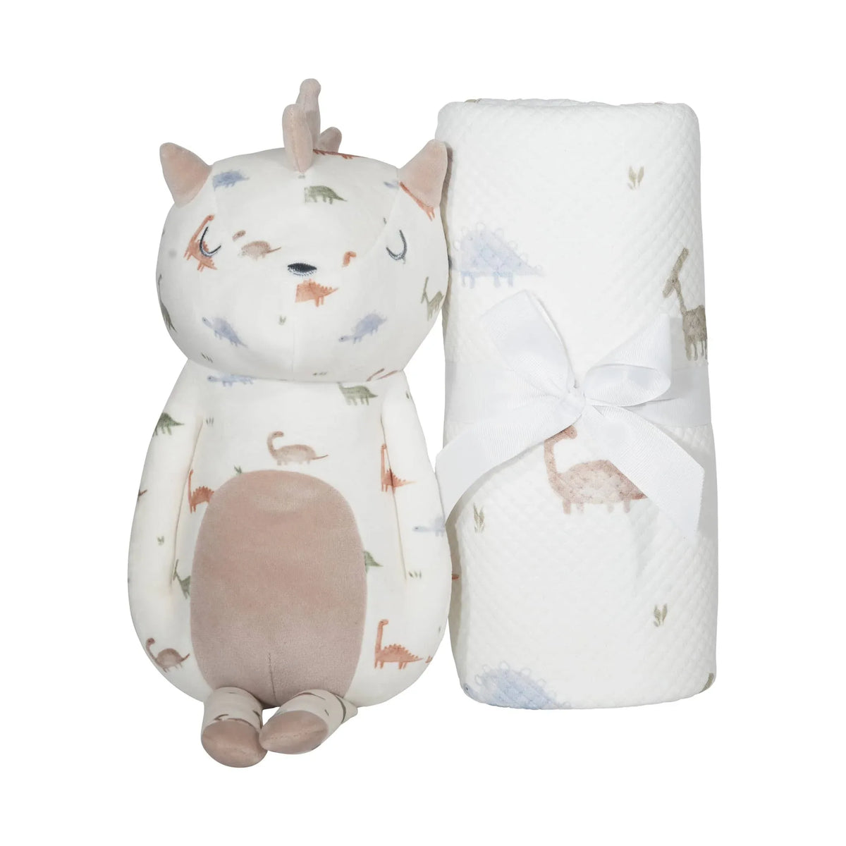Goosewaddle dinosaur plush toy for babies in soft beige with printed multicolor dinosaurs and matching white swaddle blanket