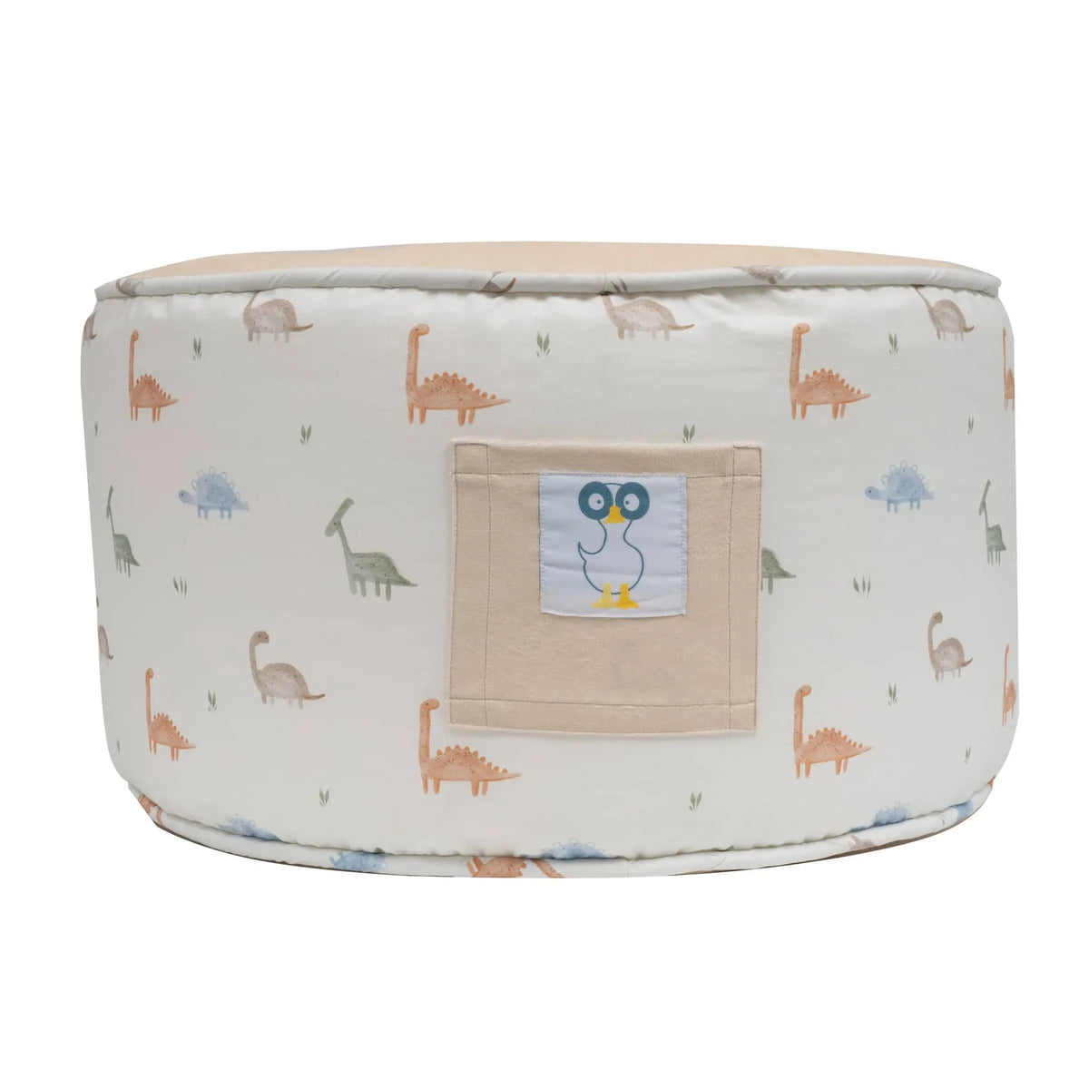 Round toddler dinosaur pouf in beige with colorful dinosaur print and small bird patch