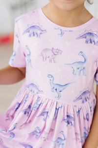 Girls pink dinosaur print twirl dress for girls short sleeve with playful dino patterns