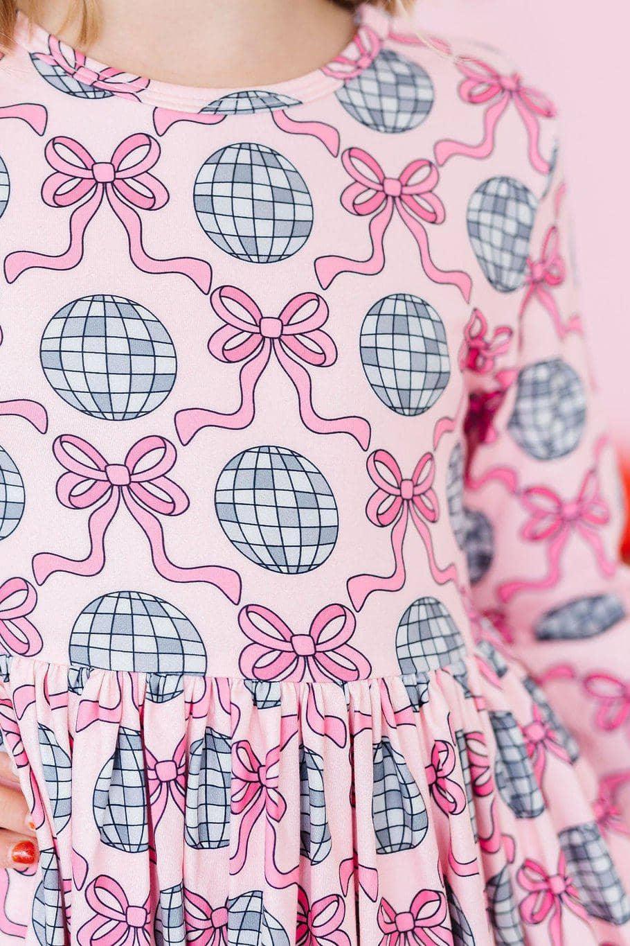 Girls pink disco bow twirl dress for girls with 3/4 sleeves and disco ball print