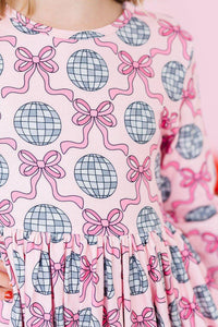 Girls pink disco bow twirl dress for girls with 3/4 sleeves and disco ball print
