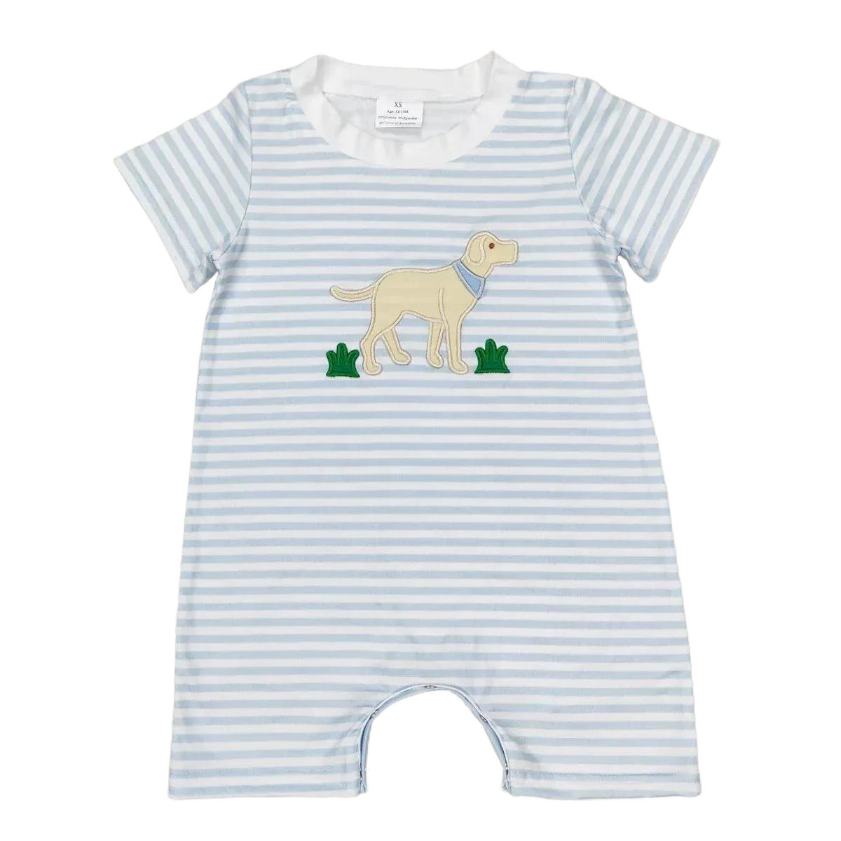 Blue and white striped dog print baby romper with short sleeves for infants
