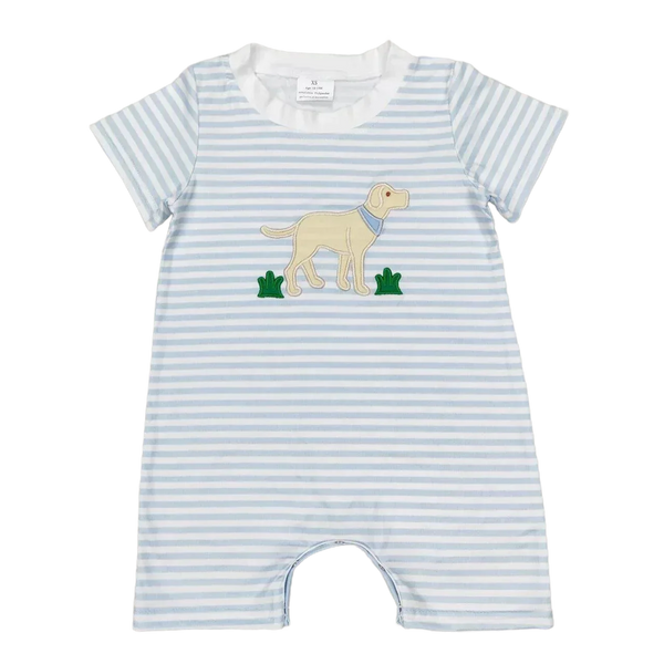 Blue and white striped dog print baby romper with short sleeves for infants