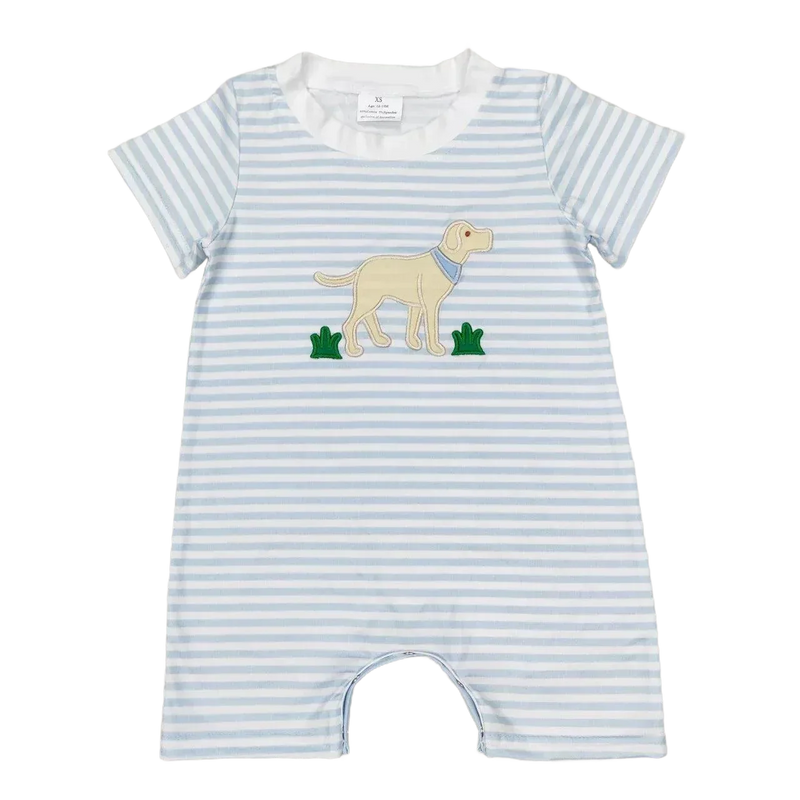 Blue and white striped dog print baby romper with short sleeves for infants