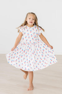 girls white twirl dress with red and blue print flutter sleeves dress for the summer