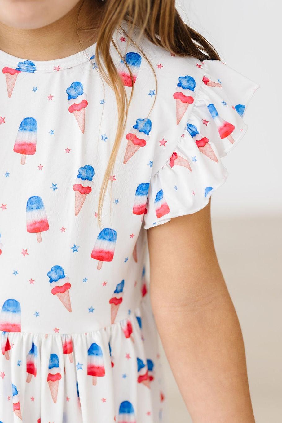 Girls white Mila & Rose Twirl Dress Flutter with red blue ice cream print dress for the summer